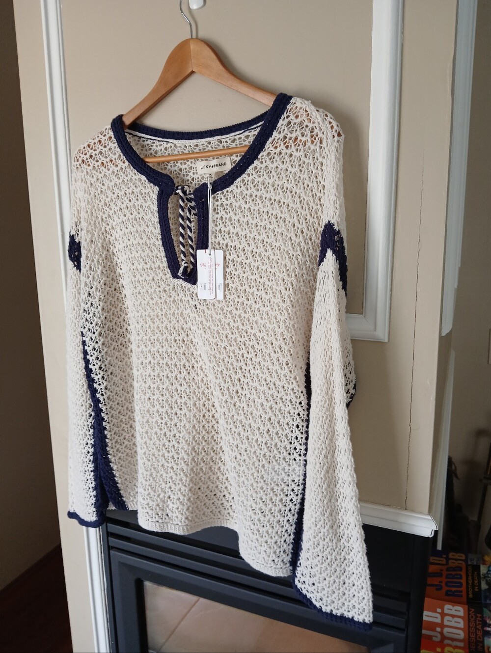 Lucky Brand Tie Keyhole Open Knit Tunic Sweater Size Medium - Picture 6 of 8